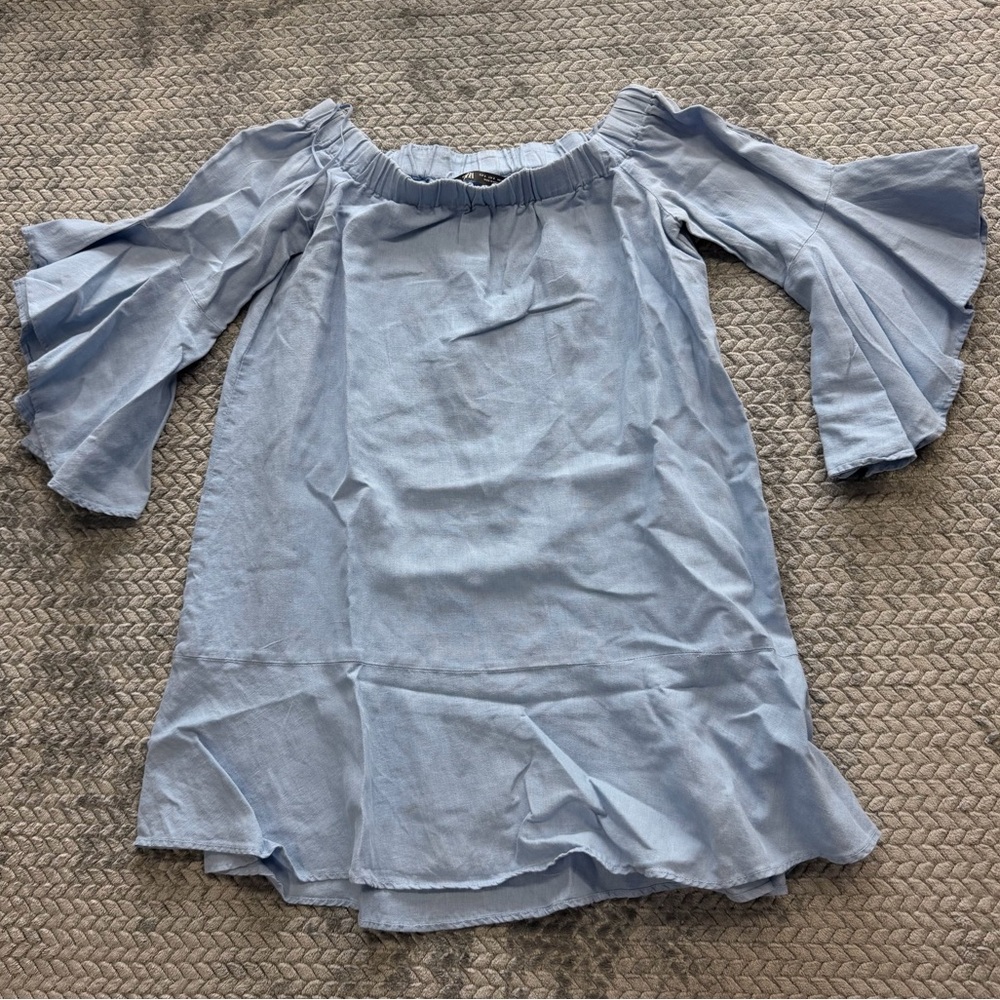 Zara Light Blue Linen Blend Off-Shoulder Bell Sleeve Mini Dress Size Small